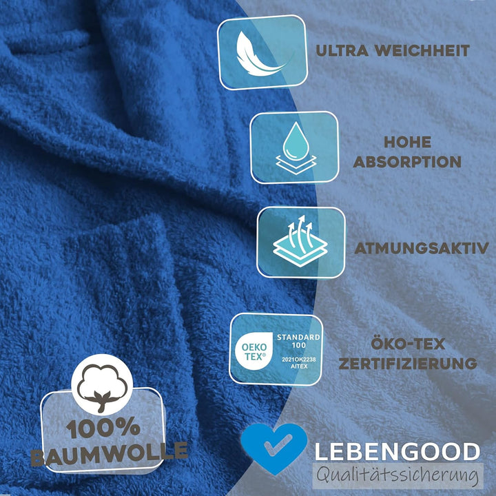 LEBENGOOD Bademantel für Damen, Herren, Unisex, Frottee 100% Baumwolle, Weicher Morgenmantel Dusche,