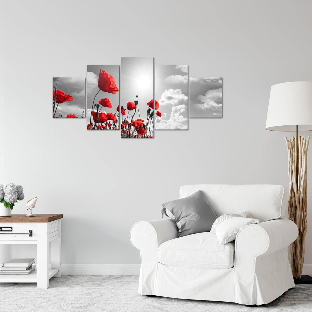 Runa Art Wandbilder Blumen Mohnblume 5 Teilig Bild auf Vlies Leinwand Deko Wohnzimmer Feld Grau Rot