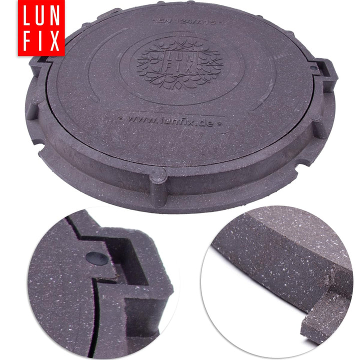 Lun Fix Schachtabdeckung mit Flanschrahmen DN 600 mm A15, GRAPHIT Schachtdeckel Manipulationsschutz,