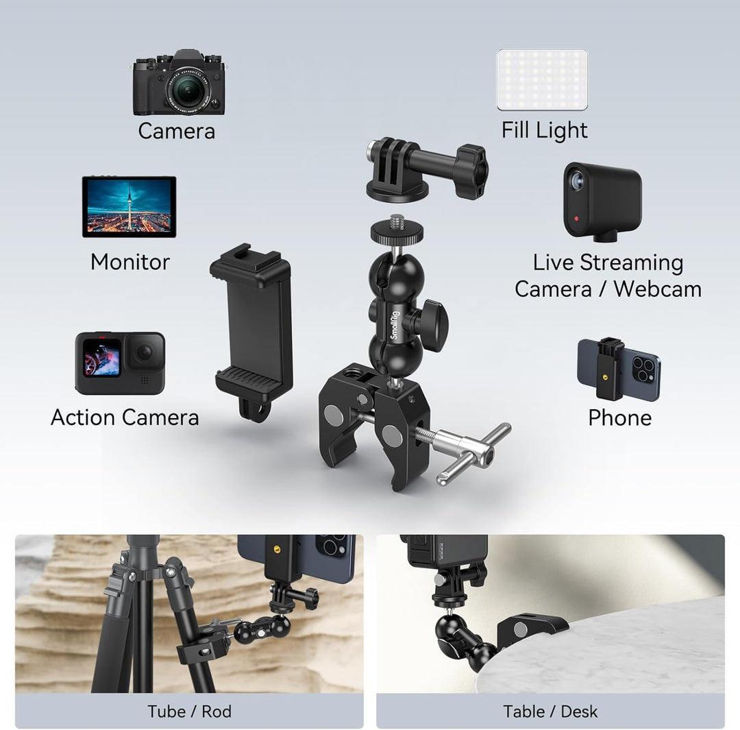 SMALLRIG Upgrade Mini Magic Arm, Kleiner Kugelkopf-Zauberarm mit Klemme, Super Klemme mit rutschfest