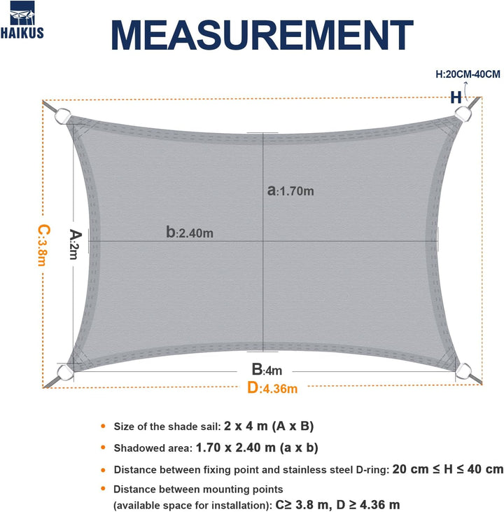 HAIKUS Sonnensegel Wasserdicht Rechteckig 2x4m Sonnenschutz Wasserabweisend Premium PES Polyester mi