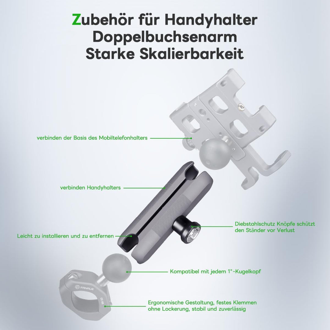 FANAUE Doppelbuchsenarm Kompatibel mit RAM Mounts 1" Ball und Motorrad Fahrrad Telefonhalter, passt