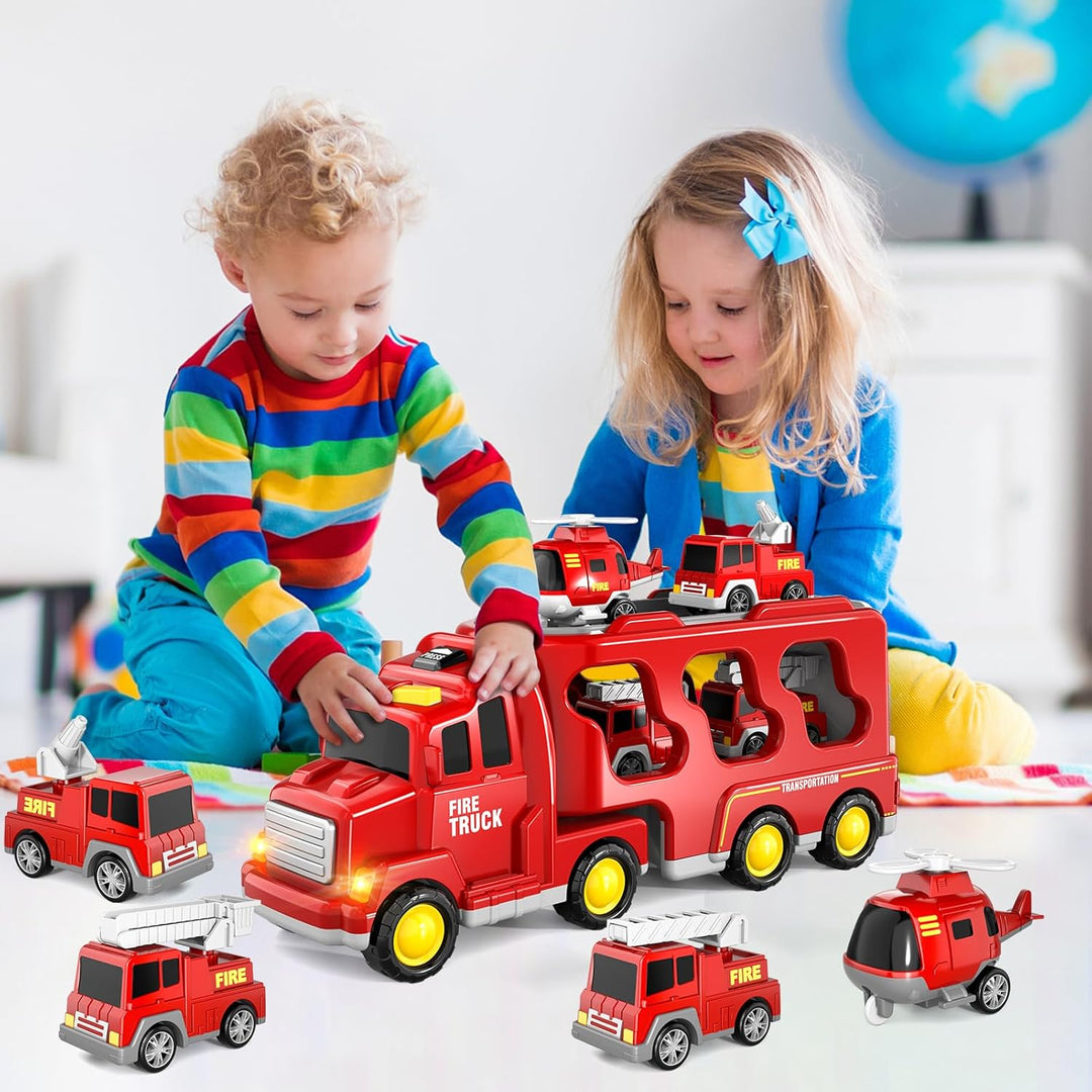 5-in-1 Feuerwehr-Spielzeug für Kleinkinder Jungen & Mädchen, Friktions-Auto-Transporter mit Licht &