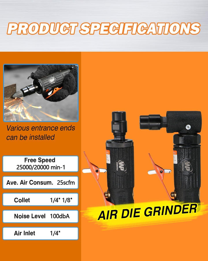 WorkPad 2PCS Druckluft Stabschleifer，Gerade/Abgewinkelt Pneumatisches Werkzeugschleiferset mit 1/4 u