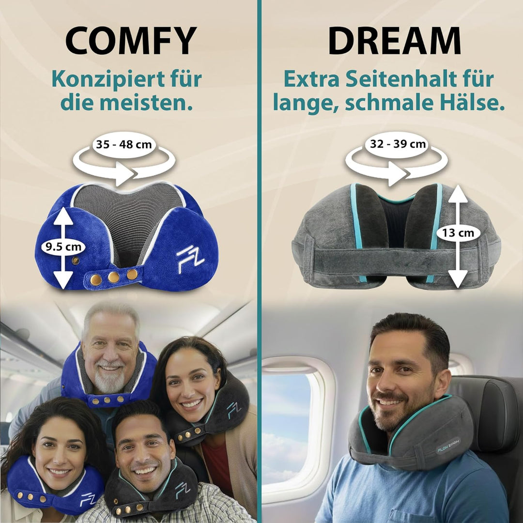 FLOWZOOM Comfy Nackenkissen Flugzeug & Auto - Einstellbares Memory Foam Reisekissen mit flexiblen Dr