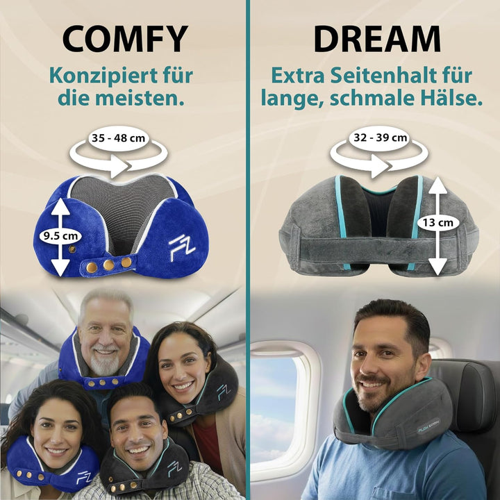 FLOWZOOM Comfy Nackenkissen Flugzeug & Auto - Einstellbares Memory Foam Reisekissen mit flexiblen Dr