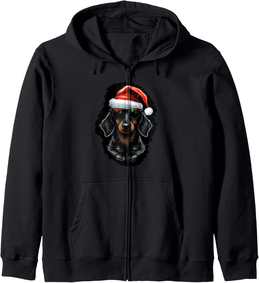Dackel mit Weihnachtsmütze Sonnenbrille Retro Weihnachten Outfit Kapuzenjacke