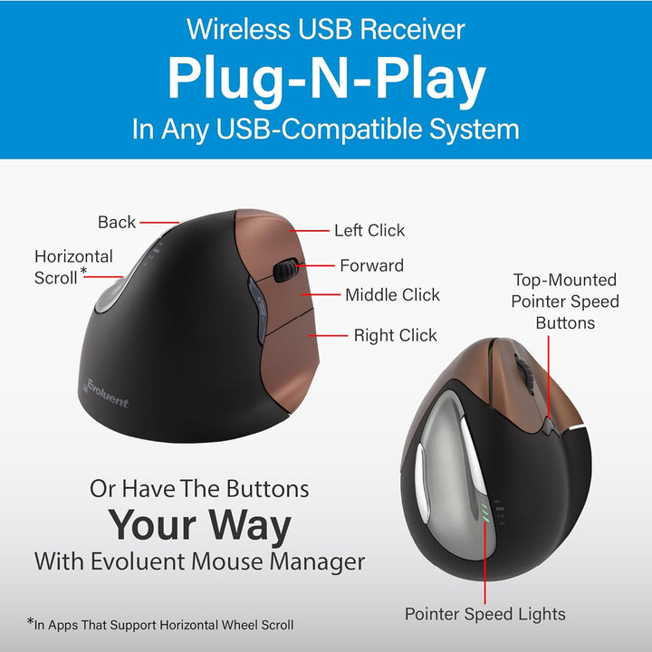 Evoluent Vertical Mouse 4 Small Wireless, VM4SW, Schwarz Single