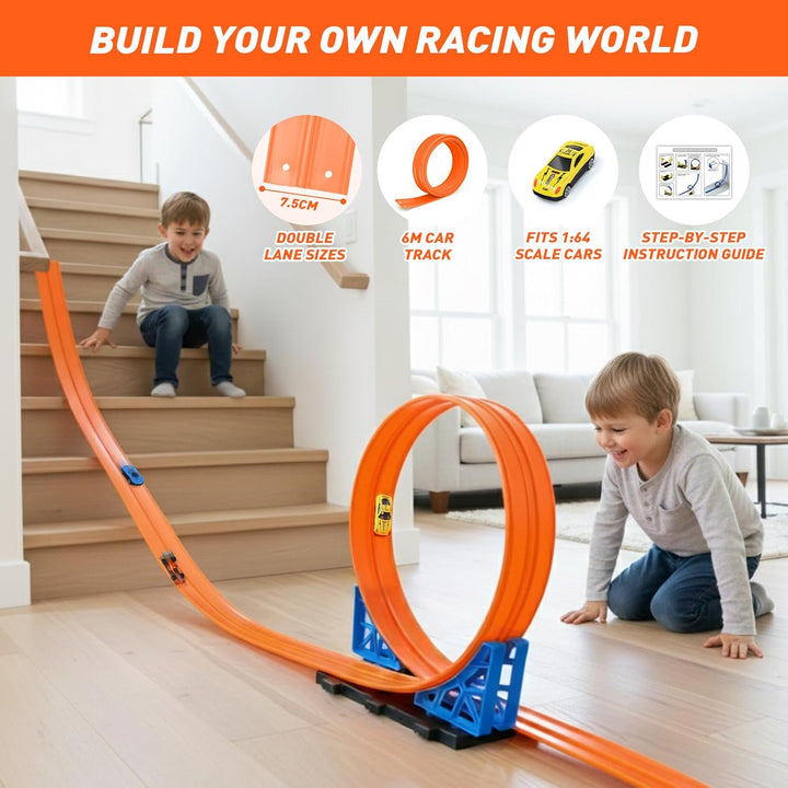 Dreamon Flexible Autorennbahn Kinder 6 Meter Rennbahn Rennstrecke Auto Spielzeug 3 4 5 6 Jahre mit 4