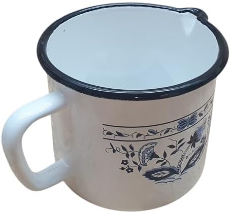 Milchtopf, Emaille, 1 Liter, Weiss mit Blauem Blumenmuster, mit Ausgiesser und Griff, Vintage-Stil