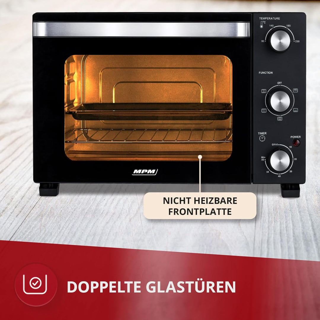 MPM Freistehender Elektrischer MPE-15/T - Ofen 28 Liter - Mini-Ofen mit Umluft und Timer 230°C - 150