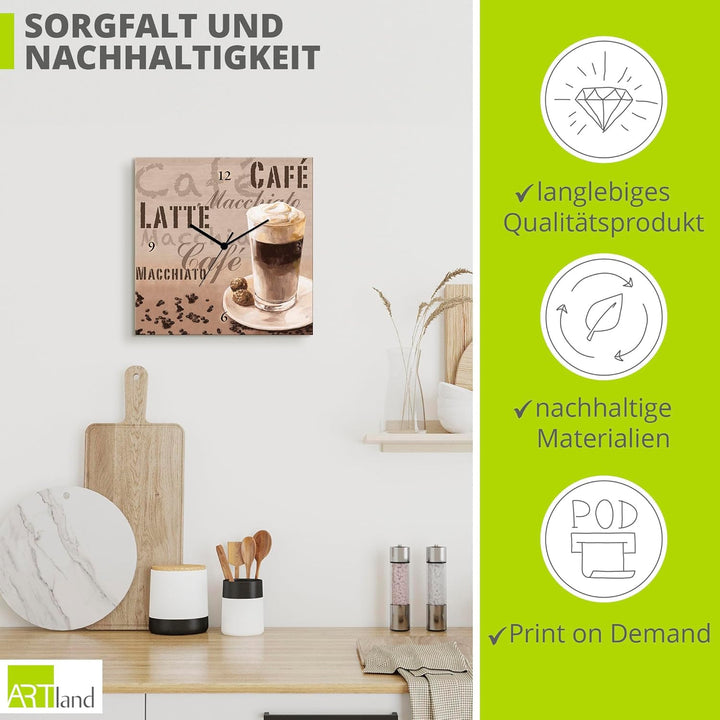 ARTLAND Wanduhr ohne Tickgeräusche Leinwand Funkuhr 30x30 cm Quadratisch Lautlos Kaffee Coffee Cafe