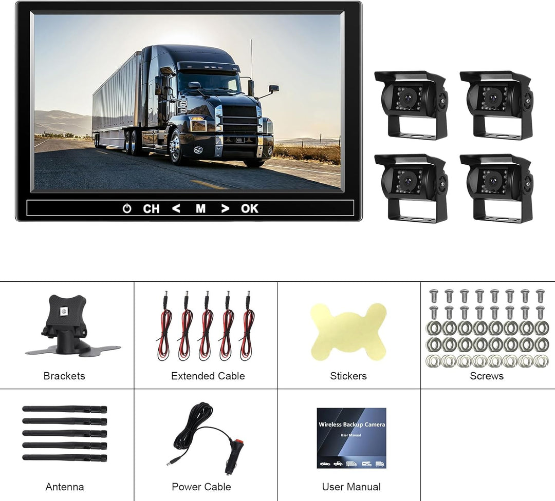 Rückfahrkamera Kabellos Set mit 4 Kameras, 9"-HD-Monitor &amp; 170° Weitwinkel- Rückfahrkamera, IP68 was