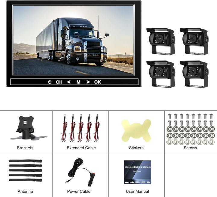Rückfahrkamera Kabellos Set mit 4 Kameras, 9"-HD-Monitor &amp; 170° Weitwinkel- Rückfahrkamera, IP68 was