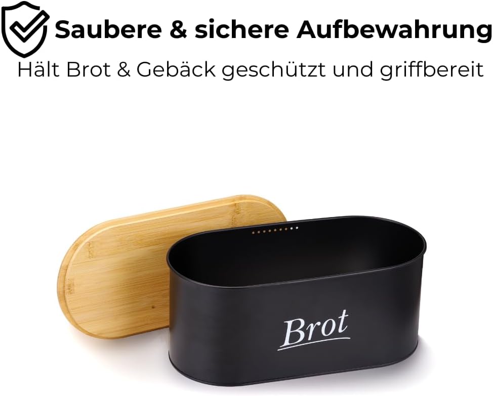 Brotkasten aus Metall mit multifunktionalem Bambusdeckel & Luftlöchern - Brotbox Schwarz für lange F
