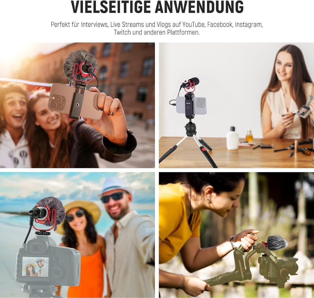 NEEWER VM10 Mini Plug & Play Vlog Mikrofon mit Reinigungstuch, 3,5mm TRS, USB C, OTG, Stossdämpferha