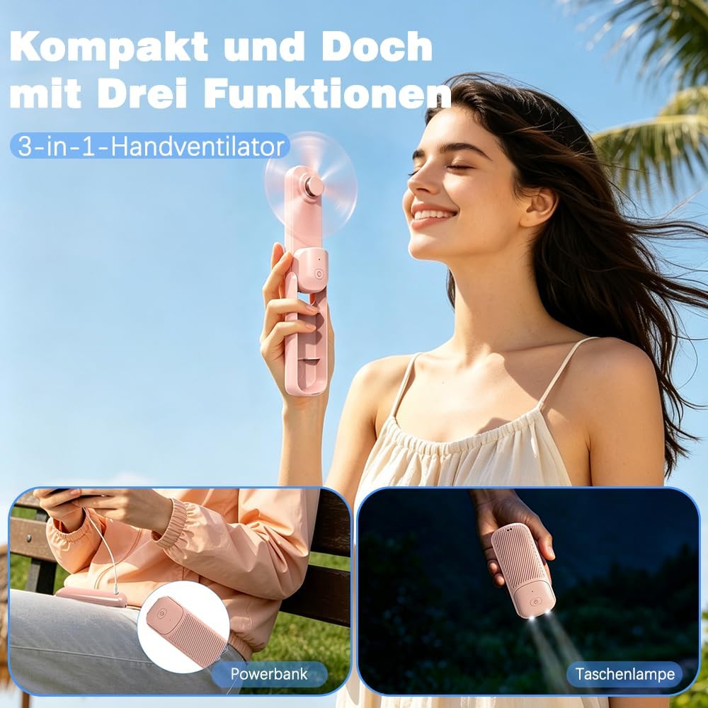 HOAMZ Mini Handventilator, 3-in-1 Handventilator, 3 Geschwindigkeiten wiederaufladbarer USB Faltbare