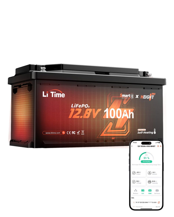 LiTime 12V 100Ah LiFePO4 Bluetooth H190 Lithium Battery für Wohnmobil in DIN H8 L5 Grösse, 15000-Zyk