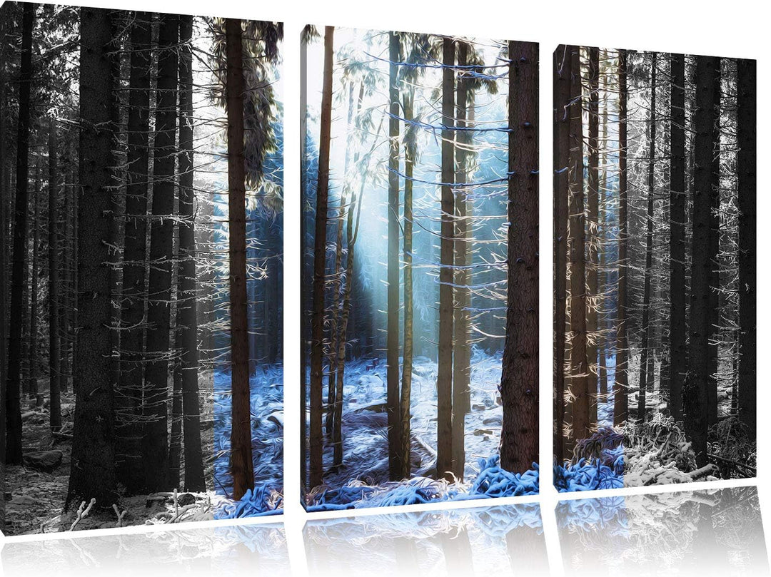 Pixxprint Sonne Winterwald als Leinwandbild | Grösse: 3 Teilig (120x80) | Wandbild| Kunstdruck | fer