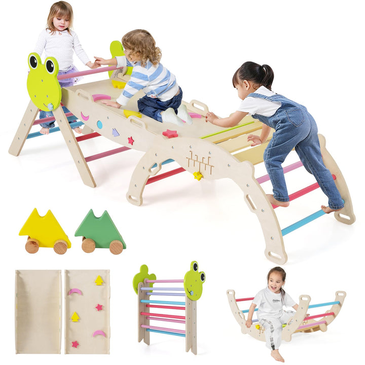 COSTWAY Klettergerüst Indoor 3er Set, klappabres Kletterdreieck mit Rutsche, Kletterbogen, inkl. dop