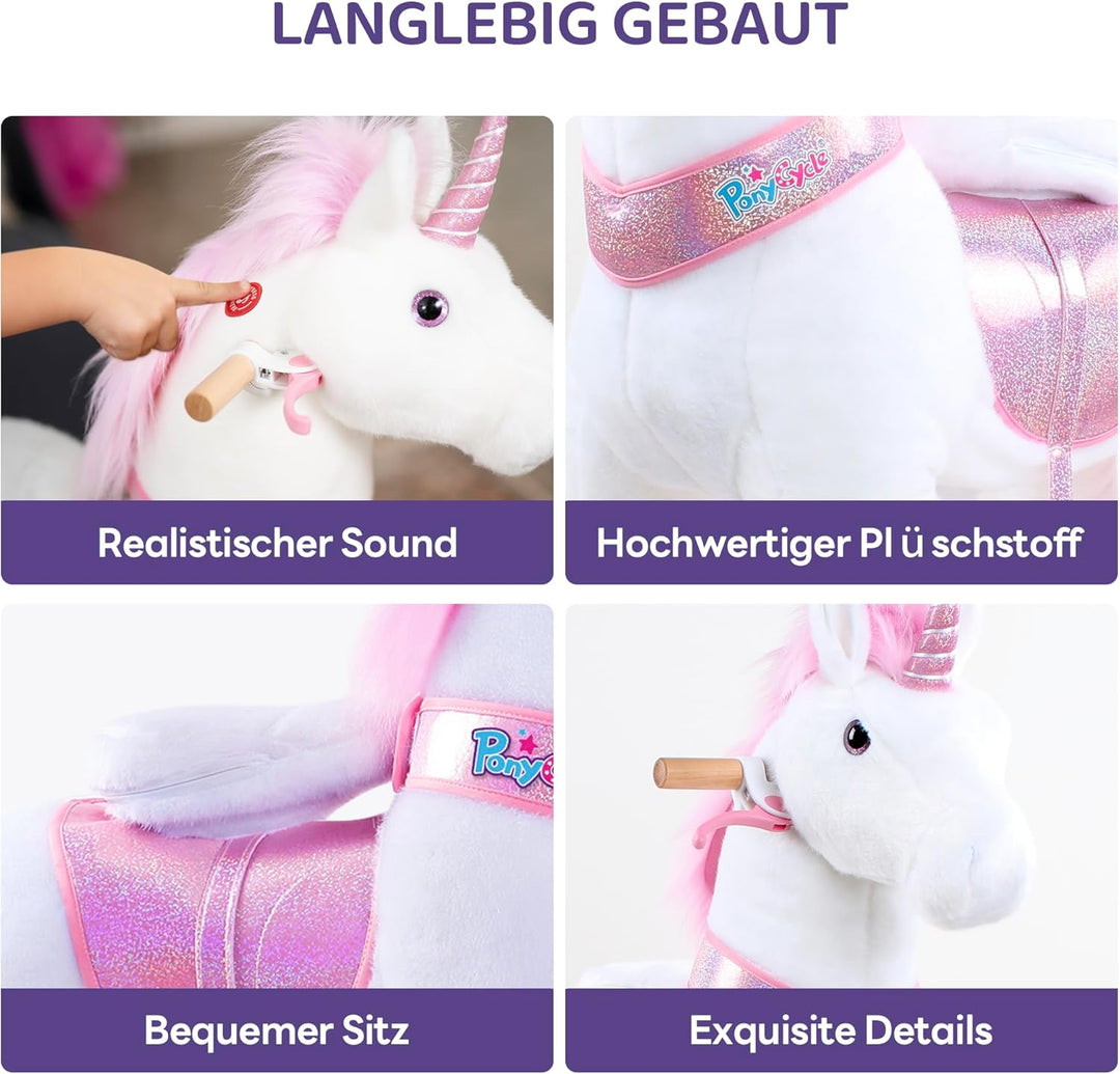 PonyCycle Einhorn zum Reiten, für Kinder 3–4 Jahre, 76cm Hoch, Einhorn auf Rollen mit Handbremse und