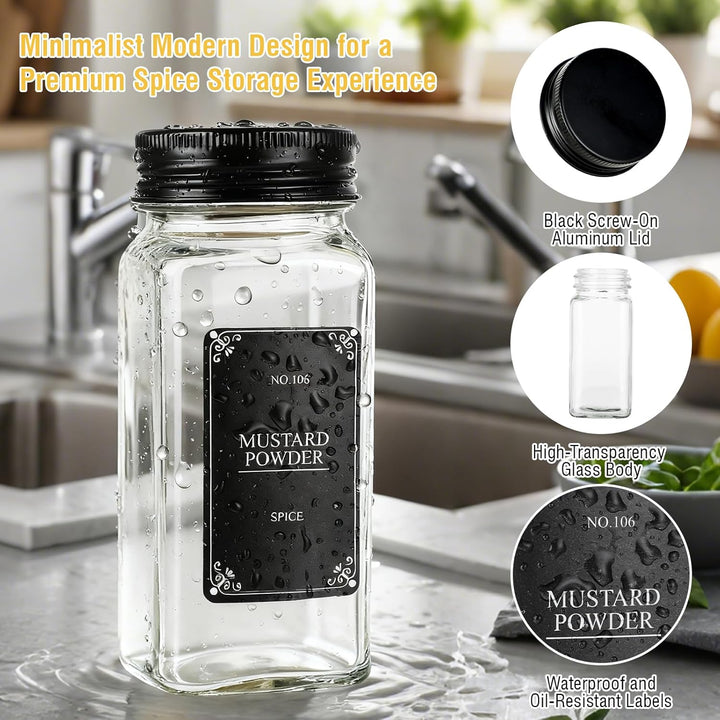 Gewürzgläser Set 24er – 120ml eckige Glas-Gewürzgläser mit Streuaufsatz – 4oz luftdicht mit Aluminiu