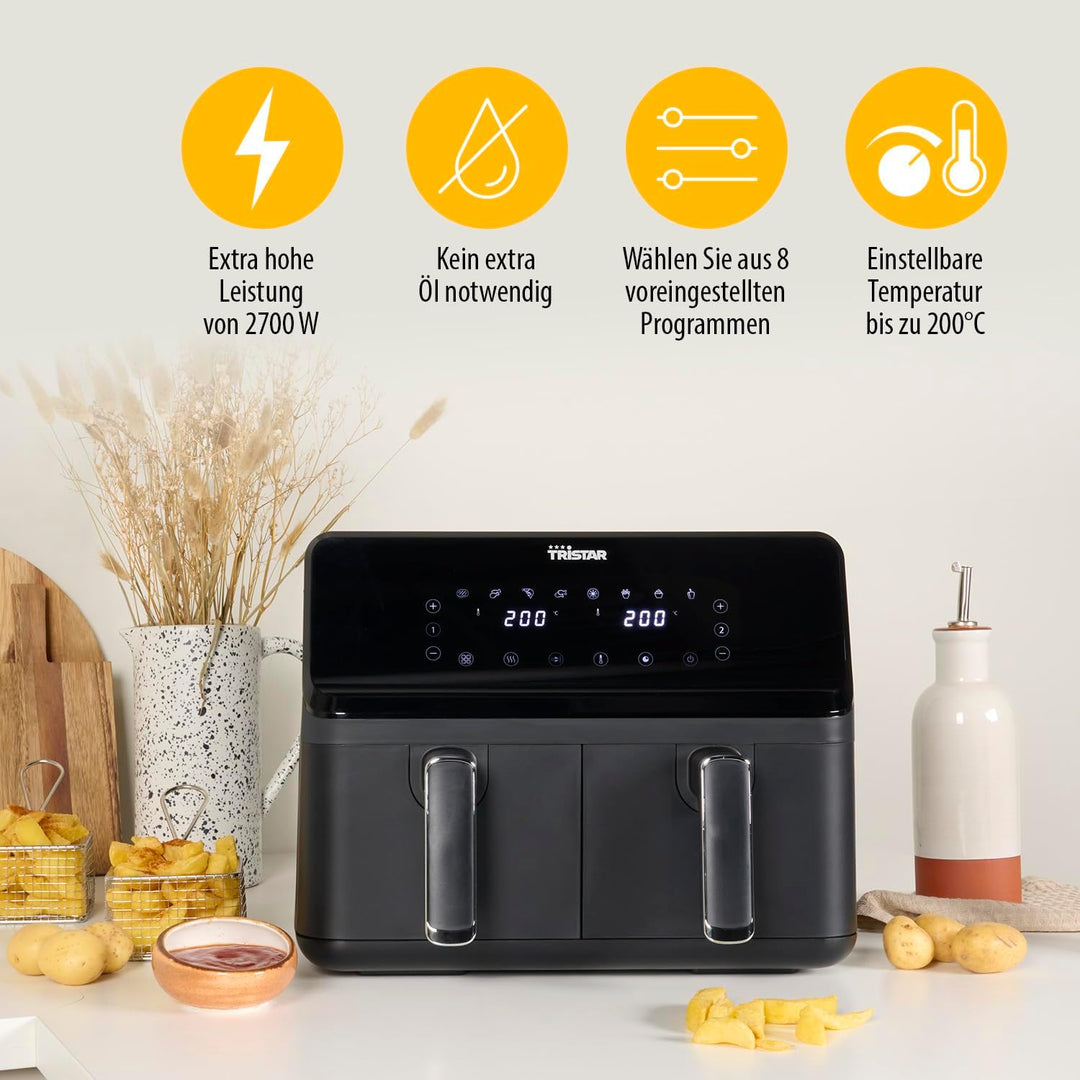Tristar digitale Heissluftfritteuse mit Doppelkorb - 2 x 4 L Fassungsvermögen - 2700 W - 8 Programme