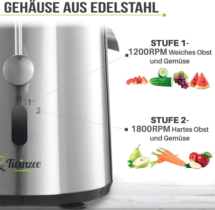 Twinzee Zentrifugal Entsafter Gemuse und Obst Elektrisch - Saftpresse Gemüse und Obst - Leistungssta