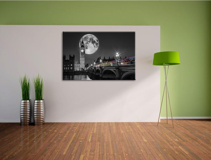 Big Ben vor dem Mond in London schwarz/weiss Format: 100x70 auf Leinwand, XXL riesige Bilder fertig