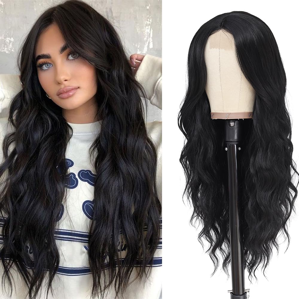 PORSMEER Lange Wellig Perücken Schwarz, 66 cm Perücke Für Frauen Afro Mittelscheitel Synthetik Haar