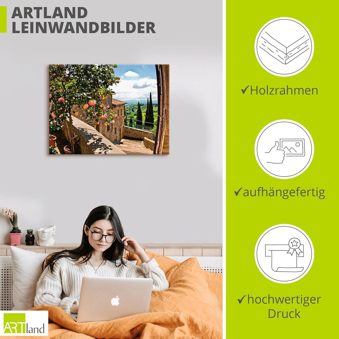 Artland Leinwandbild Wandbild Bild auf Leinwand 60x45 cm Wanddeko Fensterblick Toskana Landschaft Ga