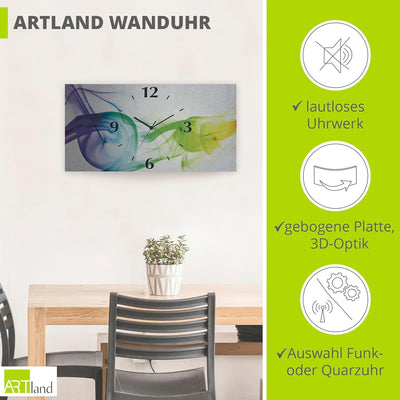 ARTLAND Wanduhr ohne Tickgeräusche Alu Funkuhr 60x30 cm Eckig Lautlos 3D Design Abstrakt Kunst Bunt