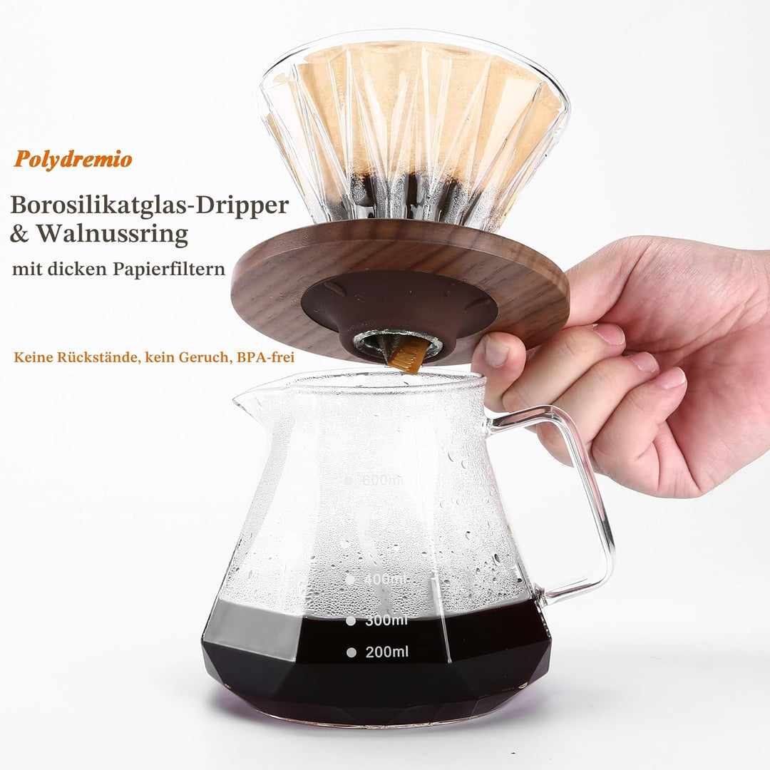 Pour Over Kaffeebereiter, 600 ml Borosilikatglas-Karaffe mit 100 Stück Papierfilter Grösse 02, Walnu