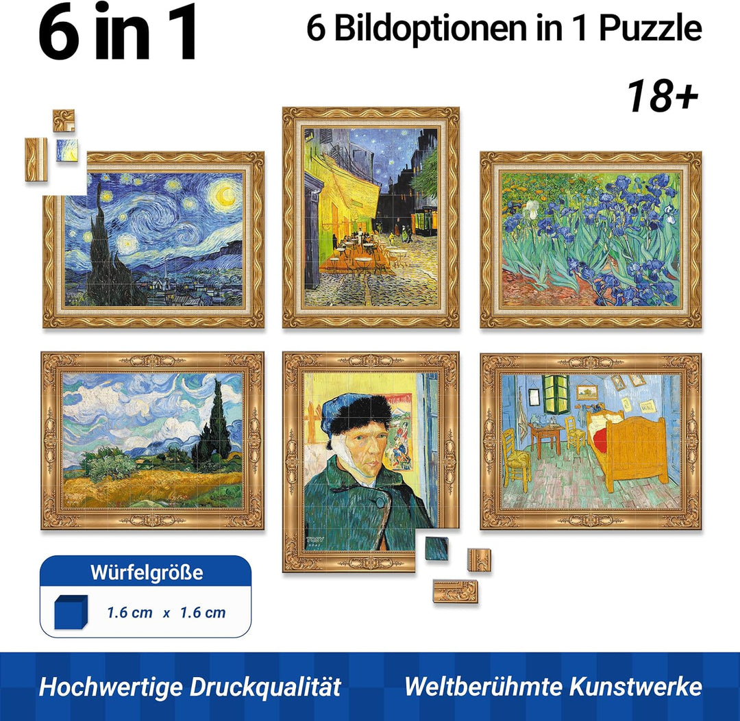 TOSY Picture Cube Van Gogh: 6-in-1 magnetisches Bilderpuzzle, 80 Blöcke, 488 Flächen/Magnete, 0,6 Zo