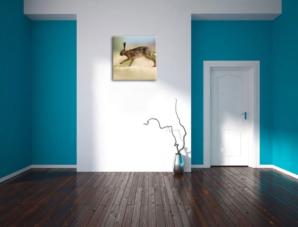 Pixxprint Hüpfender Hase, Format: 70x70 auf Leinwand, XXL riesige Bilder fertig gerahmt mit Keilrahm