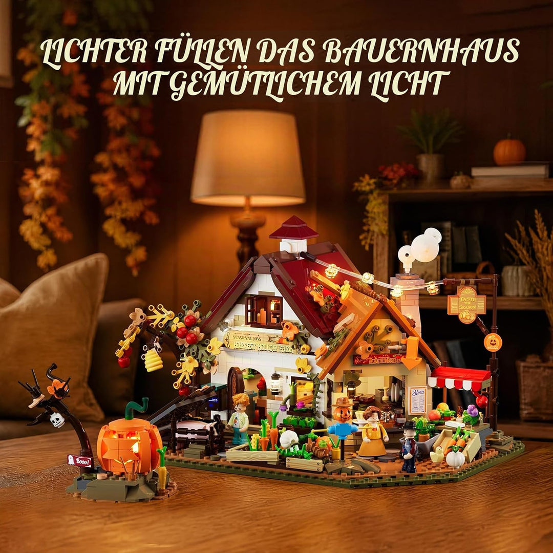 LUMIBRICKS Halloween Herbst Bauernhaus Bauset mit LED-Kürbis, 1557 Teile