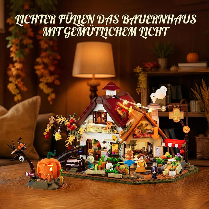 LUMIBRICKS Halloween Herbst Bauernhaus Bauset mit LED-Kürbis, 1557 Teile