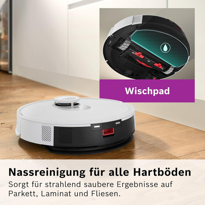 Bosch Spotless + BCRD1W Saugroboter mit Wischfunktion, 11.000 Pa Saugkraft, Wischpad, Trocken-Servic