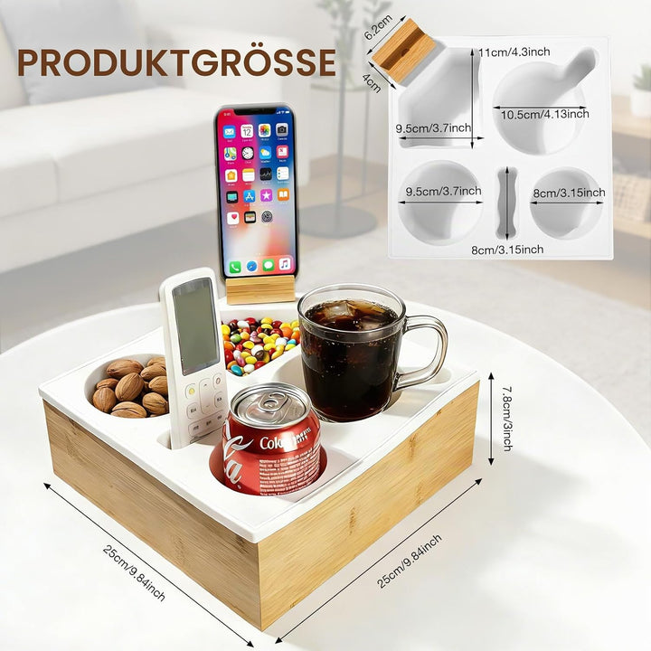 VINATO Couchtisch mit Snackbox, 360° drehbarer Handyhalter, Getränkehalter &amp; Staufächern – Aus Bambu