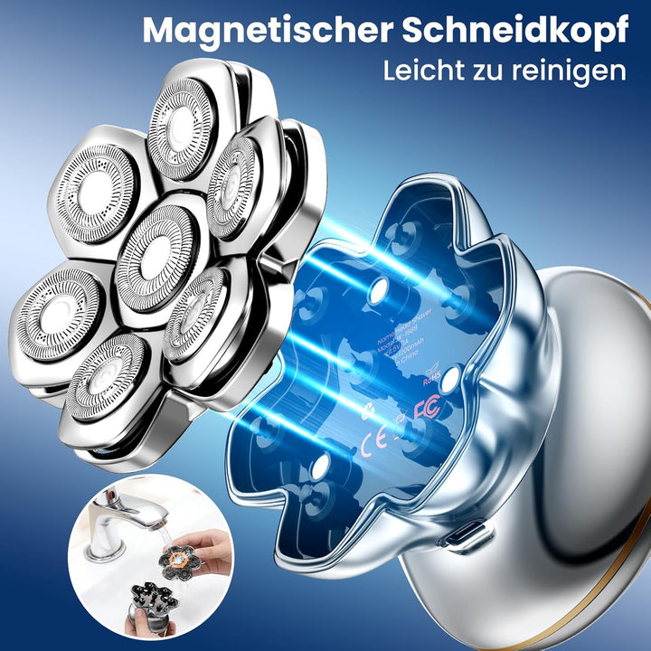 MAXGROOM 7D PRO Glatzen Rasierer Herren,IPX6 Wasserdicht Kopfrasierer Glatze mit Magnetische Schwebe