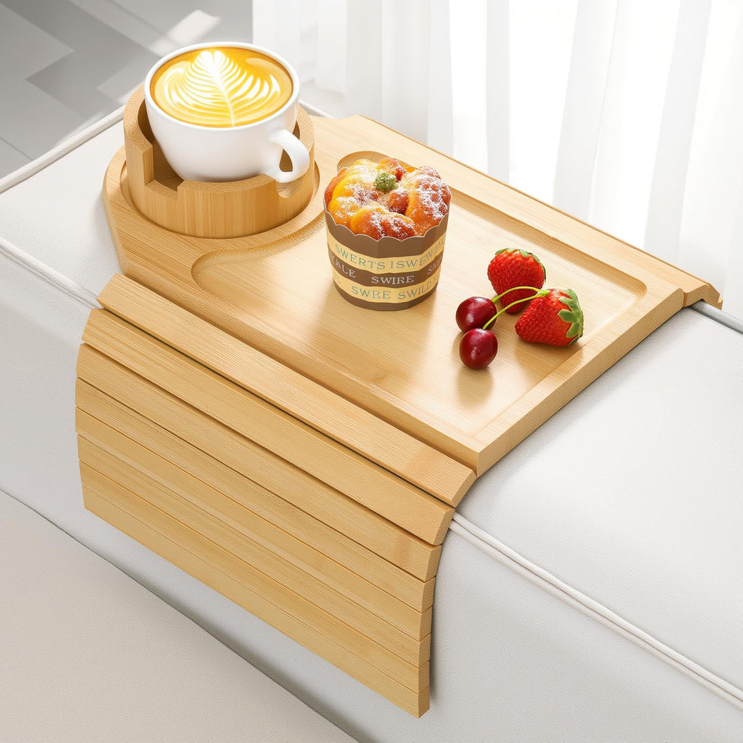 Kssiaz Couch Armlehne Tablett, Bambus Sofatablett Tisch für Couch, Armlehnenablage für Sofa mit Getr