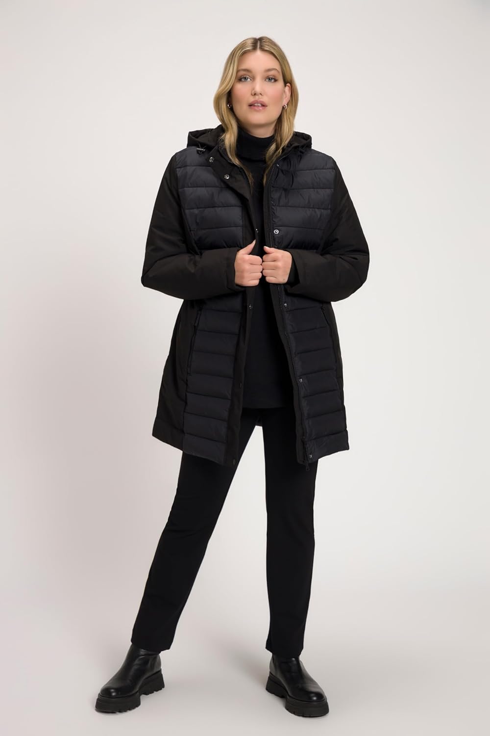 Ulla Popken Damen Hybrid, Wasserabweisend, Stepp/Softshell, Kapuze Jacke, Schwarz