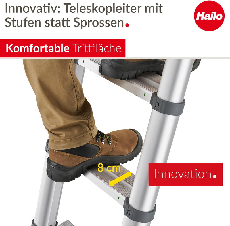 Hailo T100 FlexLine Sicherheits-Teleskopleiter - ausziehbare Leiter aus Aluminium mit bis zu 13 Stuf