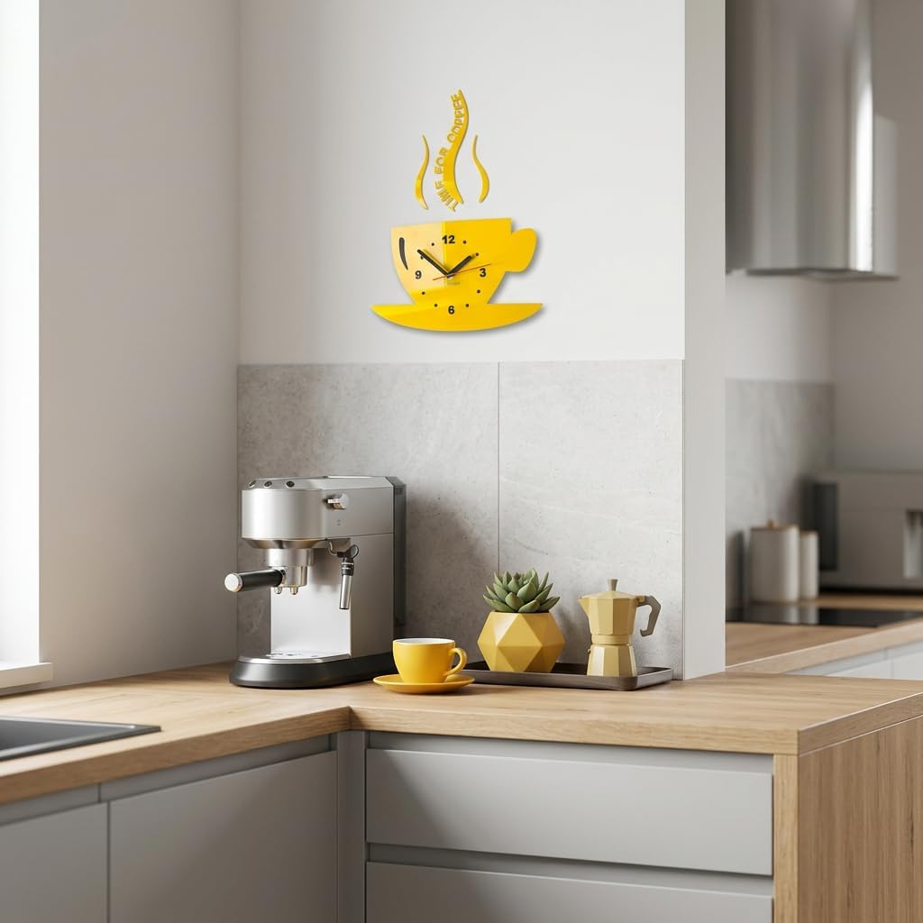 FLEXISTYLE Tasse Time for Coffee (Zeit für Kaffee) Moderne Küche Wanduhr, Zitronengelb, 3D römisch,