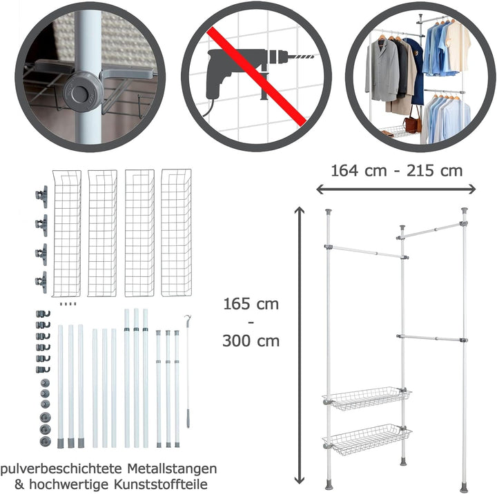 WENKO Teleskop-System Herkules Duo, individuell verstellbares Ordnungssystem mit 3 Kleiderstangen un