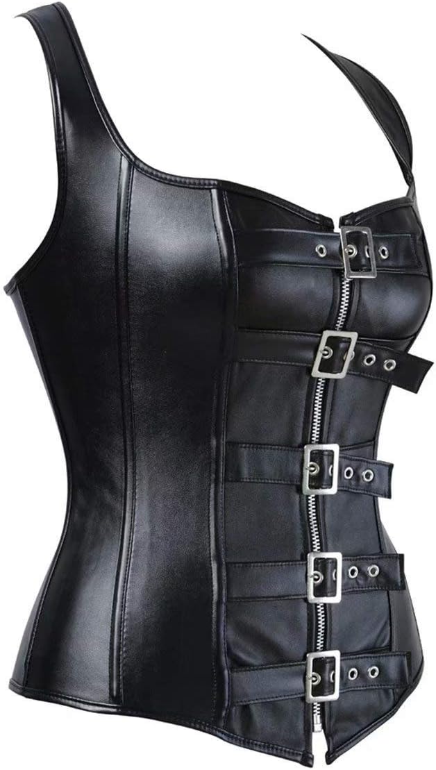 Jutrisujo Korsett Damen Leder Top Corsage Strapse Reissverschluss Bluse Frauen Schwarz XXS Schwarz,