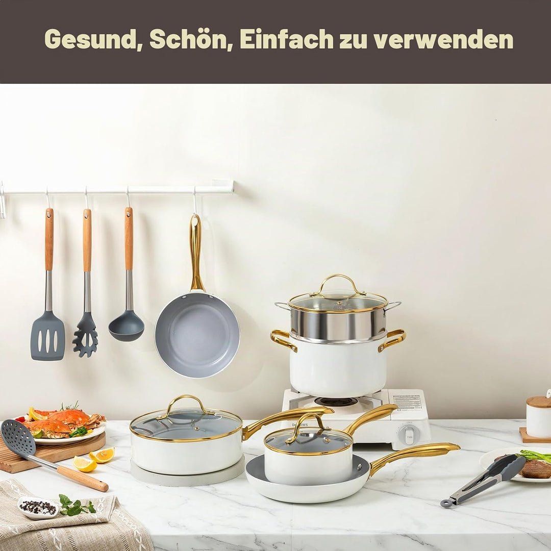 Keramik KochSet, gesund, Töpfe und Pfannen Set mit Deckel, antihaftbeschichtet(ohne PFAS, PFOA),Küch