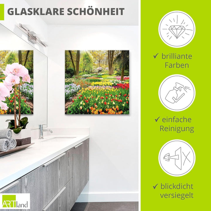Glasbilder Wandbild Glas Bild einteilig 50x50 cm Quadratisch Blumenwiese Tulpen Blumen Frühling Natu