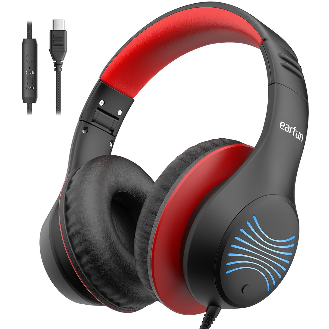 EarFun Kinder Kopfhörer mit LED-Leuchten, USB-C Kabel, 85dB Lautstärkenbegrenzer, HD-Mikrofon, Faltb