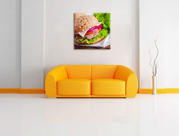 Köstlicher Hamburger, Format: 70x70 auf Leinwand, XXL riesige Bilder fertig gerahmt mit Keilrahmen,